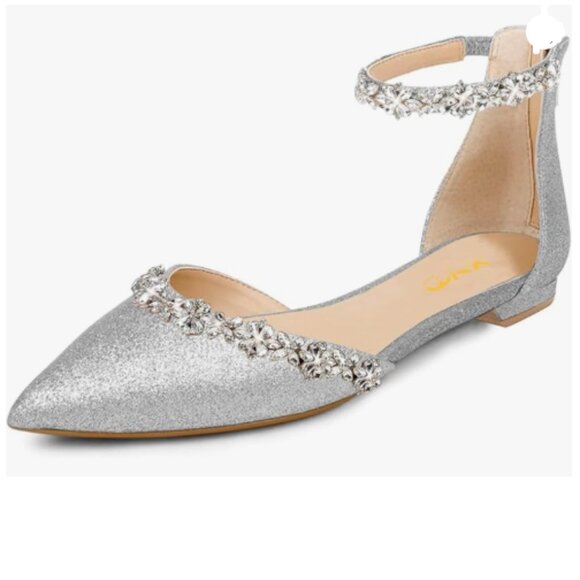 XYD Silver-glitter Pointed Toe D'Orsay Wedding Flat Sparkly Rhinestones Sandals - Picture 1 of 8